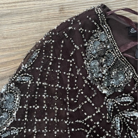 Pisarro Nights Brown and Silver Beaded Sheer Long Sleeve Gown 10 - Picture 10 of 13